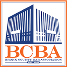 Logo of the Bronx County Bar Association (BCBA) featuring an abstract design of a building in blue with vertical lines, and the text 