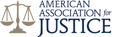 Logo of the American Association for Justice, featuring a balanced scale symbol on the left and the organization's name written in capital letters on the right, representing personal injury attorneys.